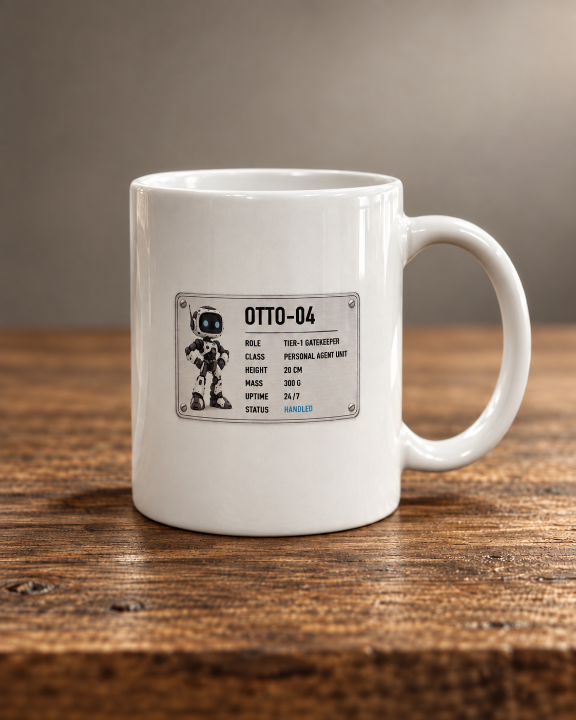Styled product preview of the OTTO-04 mug on a wooden surface, showing the reverse unit badge.