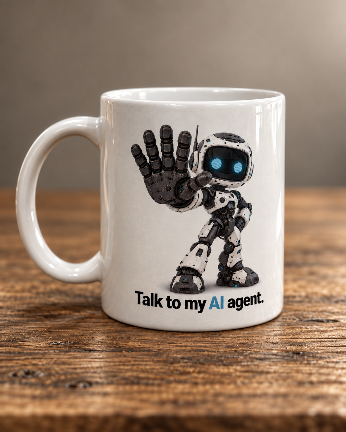 Styled product preview of the white OTTO-04 mug on a wooden surface, showing the waving AI agent and Talk to my AI agent.